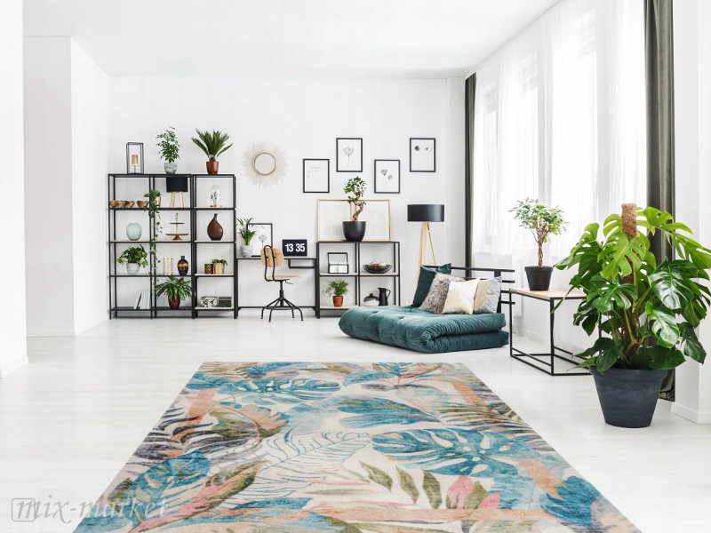 Dywan pluszowy Stilo tropical jasny monstera liście